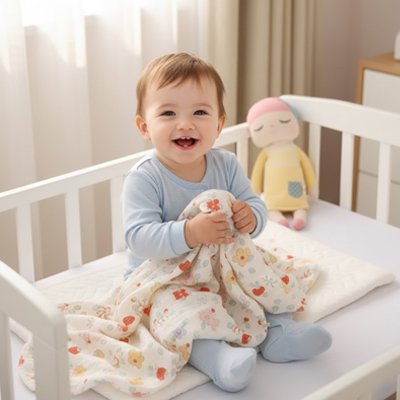 Couverture bébé à motif fraise tenue par un tout-petit assis dans son lit