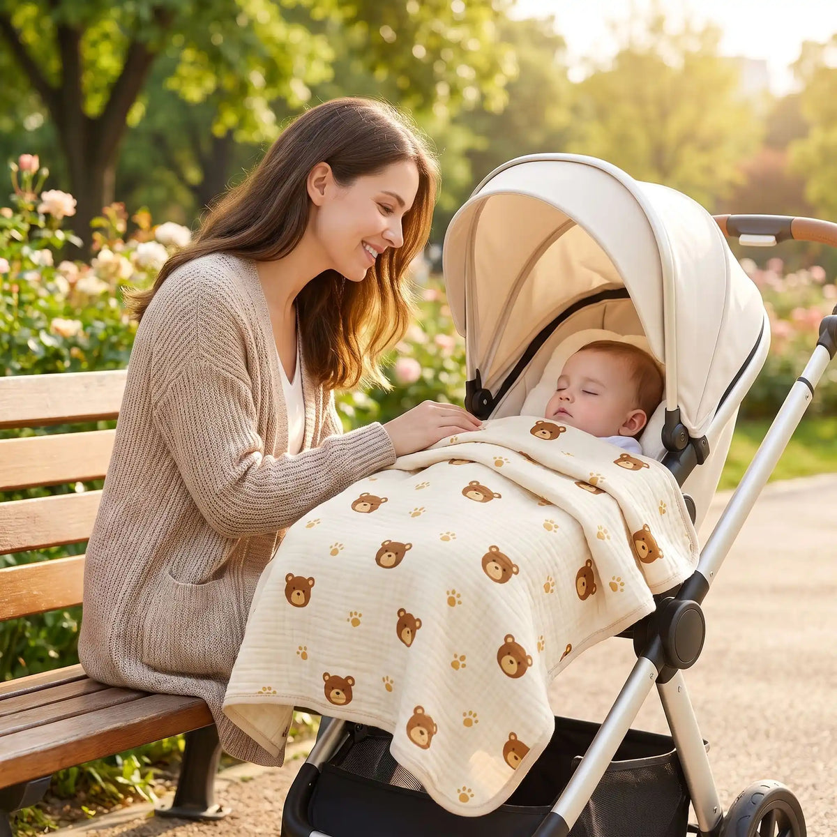 Couverture bébé oursons et pattes, tout-petit endormi en poussette dans un parc
