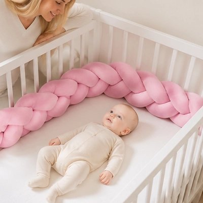 Tresse de lit rose protégeant le lit avec enfant allongé femme penchée regarde son tout-petit