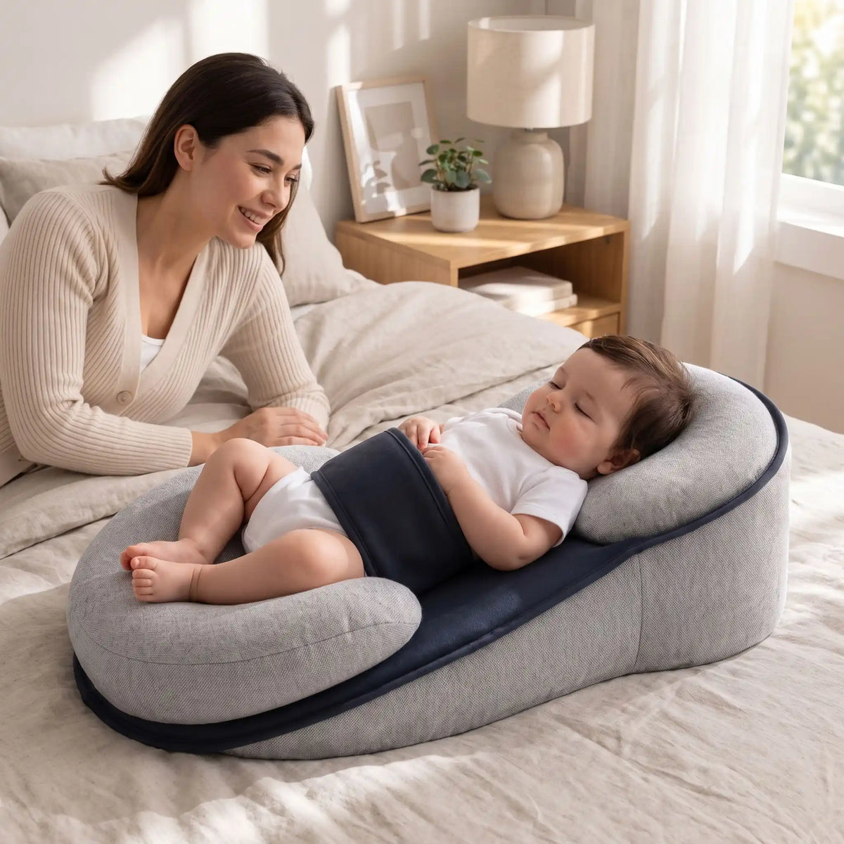 Coussin bébé ErgoAntiReflux sur lit avec nourrisson souriant, maman attendrie