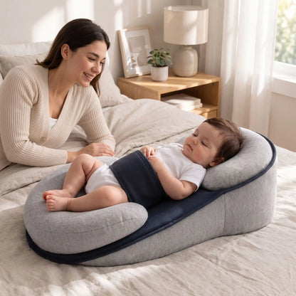 Coussin bébé ErgoAntiReflux sur lit avec nourrisson souriant, maman attendrie