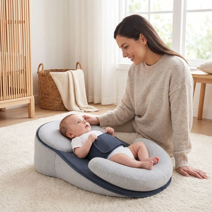 Coussin bébé ErgoAntiReflux au sol, maman caresse la tête de bébé.