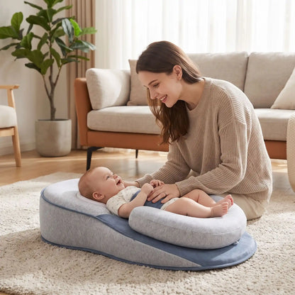 Coussin bébé au sol, maman joue avec bebe souriant.