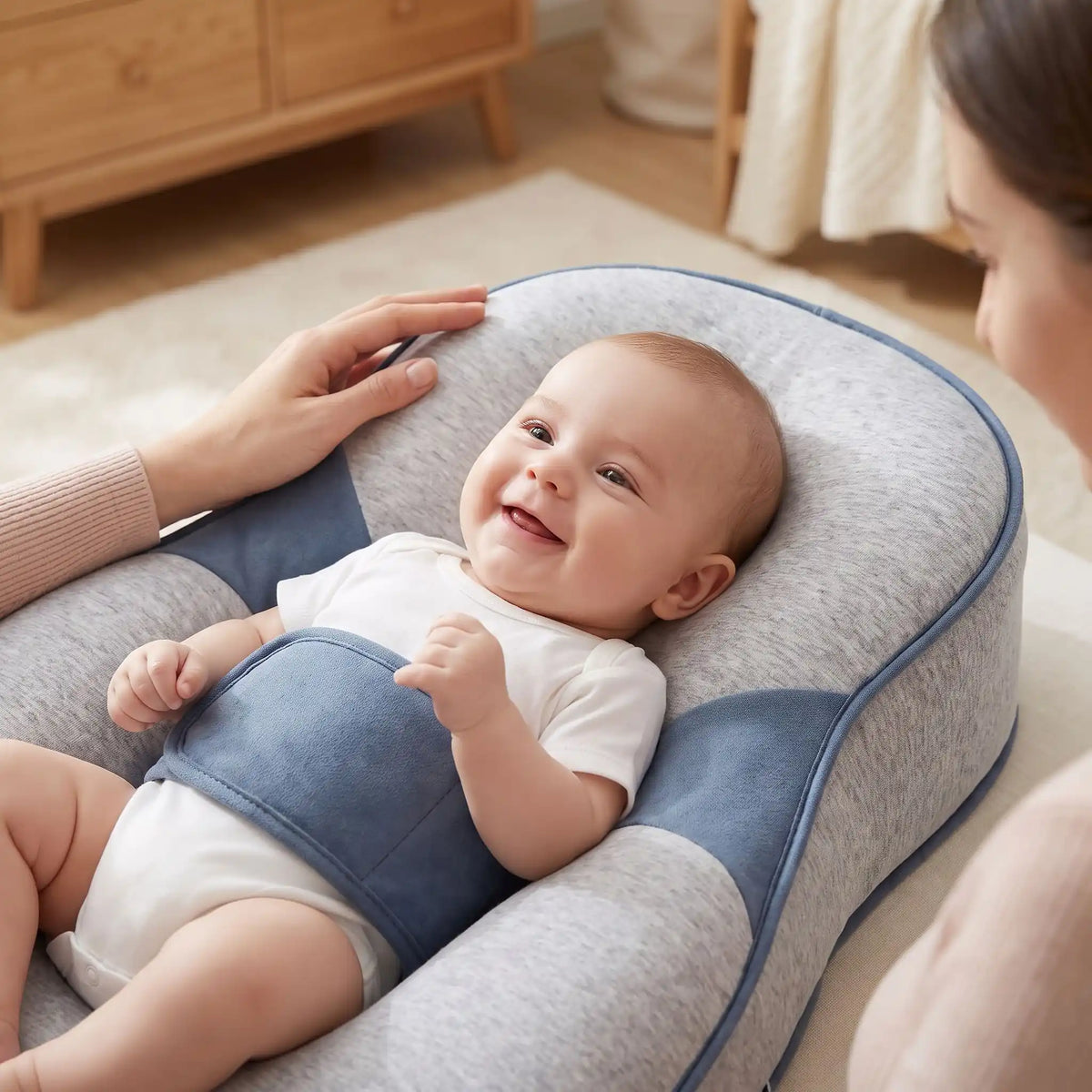 Coussin bébé ErgoAntiReflux avec et sangle un gros plan sur nourrissant souriant  