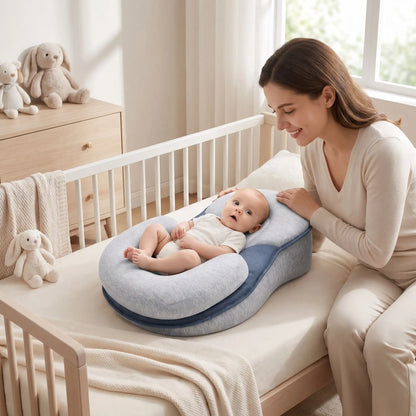 Coussin bébé ErgoAntiReflux sur lit à barreaux, bébé éveillé souriant