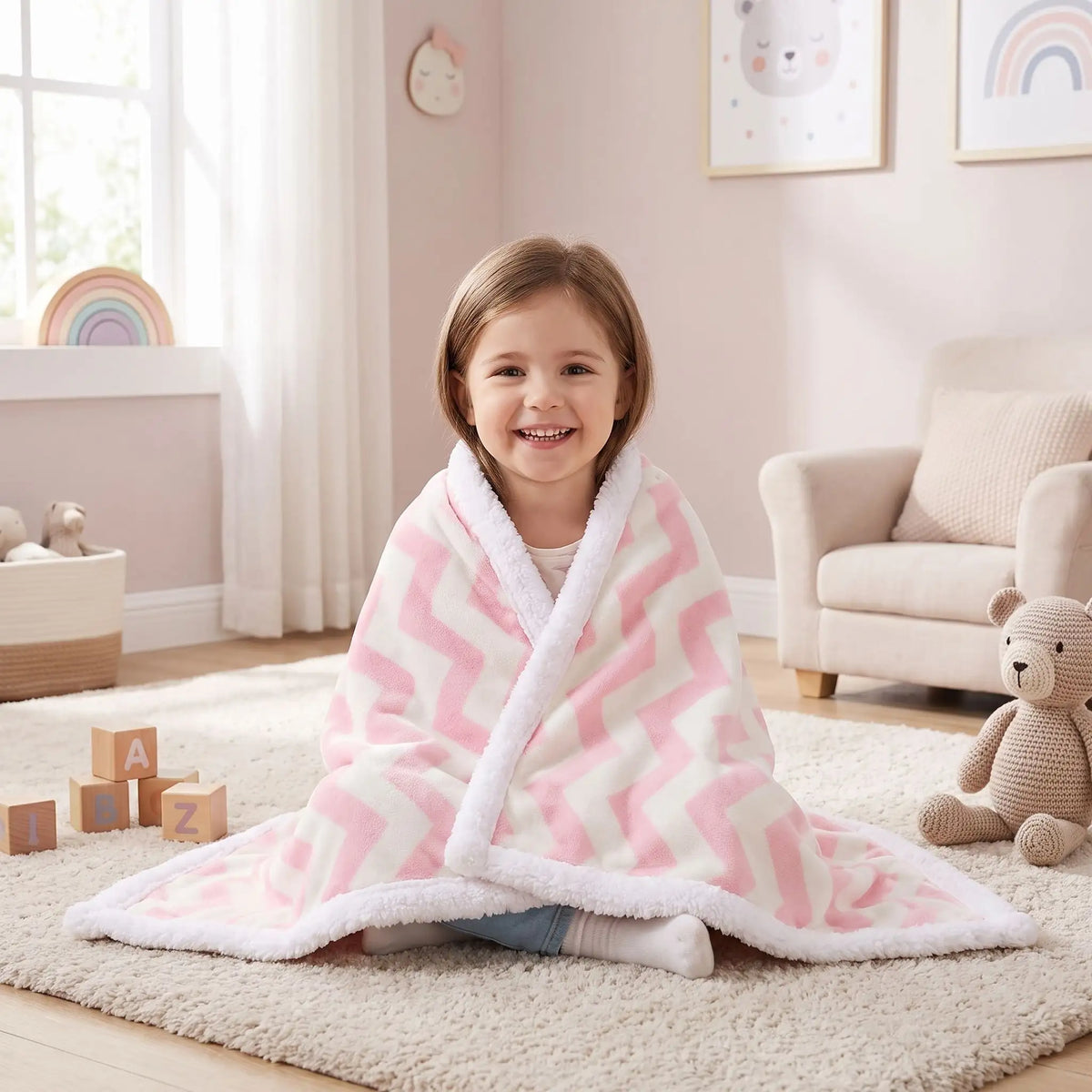 Couverture bébé chevrons rose et blanc enveloppant une fillette souriante assise