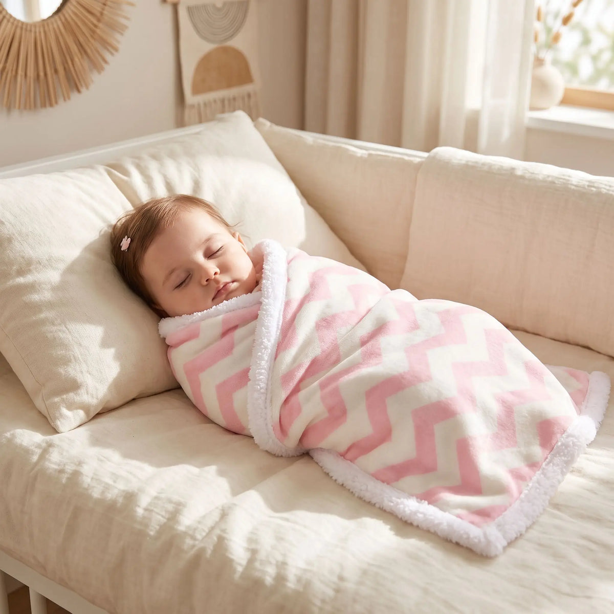 Couverture bébé chevrons roses emmaillotant une petite fille endormi paisiblement sur canapé