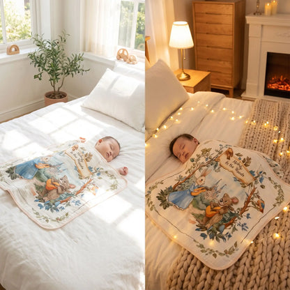 Couverture bébé en gaze motif conte en été comme hiver avec  tout-petit endormi
