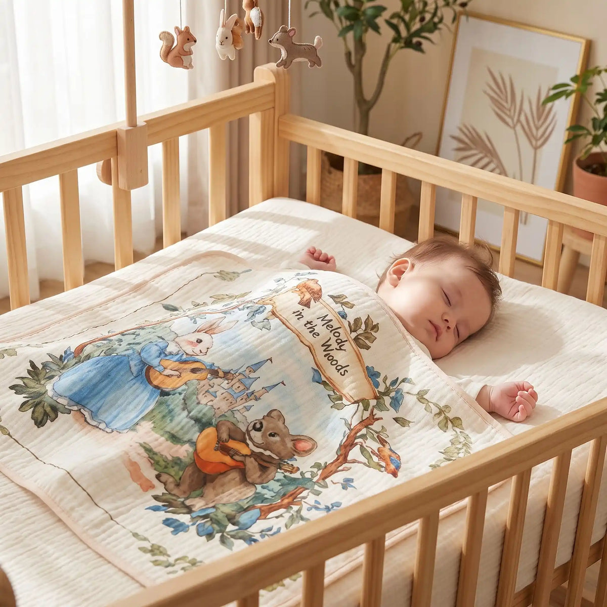 Couverture bébé en gaze motif conte recouvrant un tout-petit endormi paisiblement 