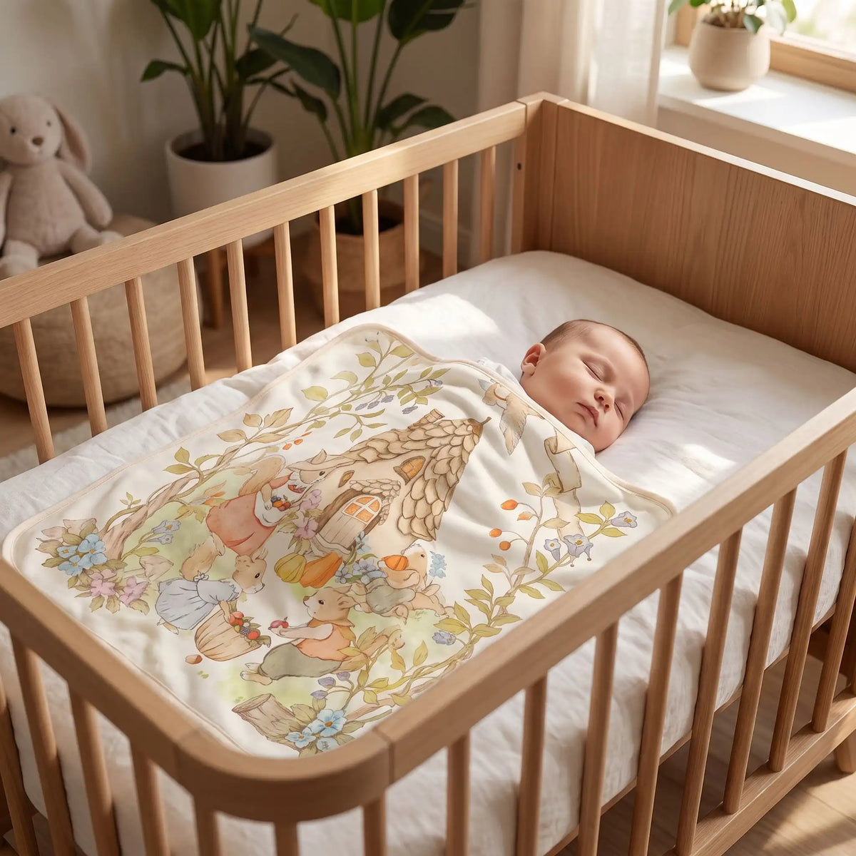 Couverture bébé illustrée motif conte posée sur un nourrisson  paisiblement endormi