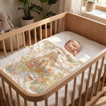 Couverture bébé illustrée motif conte posée sur un nourrisson  paisiblement endormi