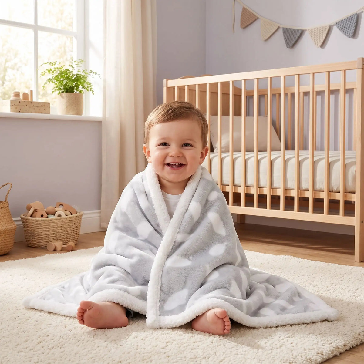 Couverture bébé grise motif nuages enveloppant un petit garçon souriant assit
