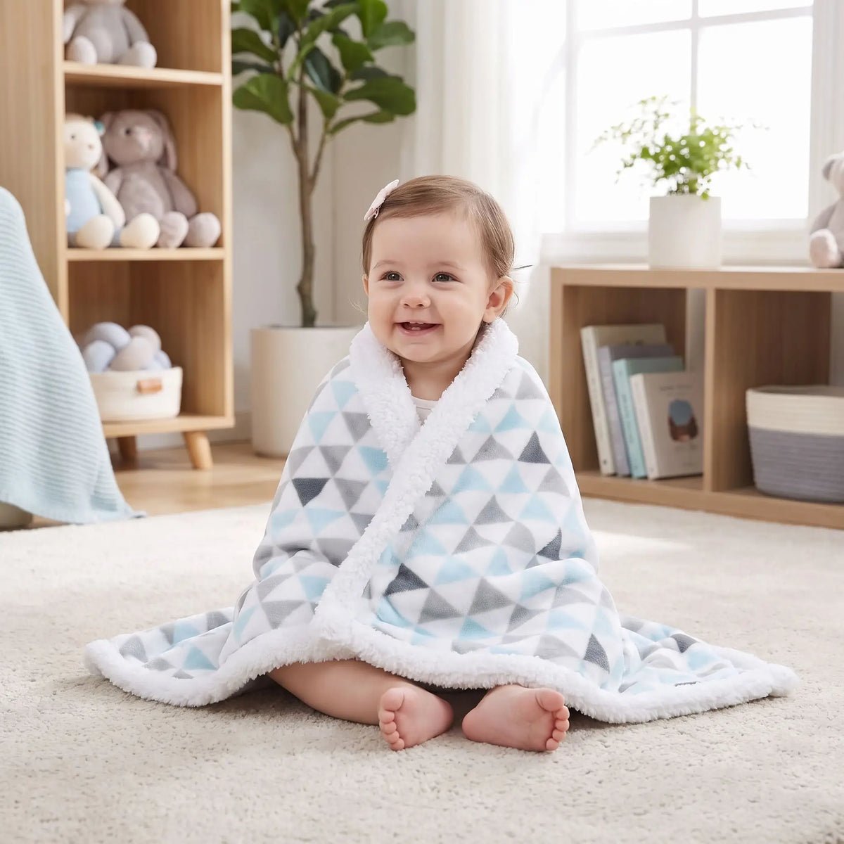 Couverture bébé moelleuse à motifs géométriques avec  nourrisson emmitouflé souriant.