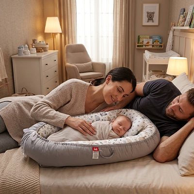 Reducteur de lit pour bebe, famille complice autour du nouveau-né en sécurité