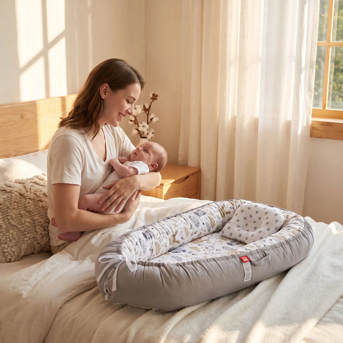 Reducteur de lit pour bebe gris, maman souriante tient nouveau-né dans les bras
