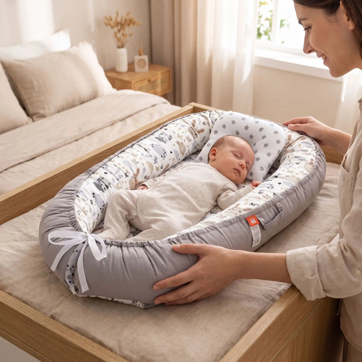 Reducteur de lit pour bebe gris, maman installe nouveau-né endormi sur table
