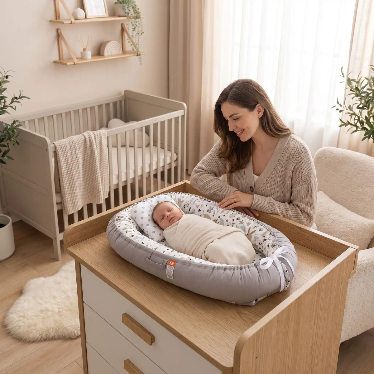 Reducteur de lit pour bebe gris, parents admirant nouveau-né endormi dessus