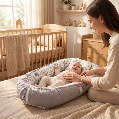 Reducteur de lit pour bebe, maman souriante avec bébé éveillé dans chambre
