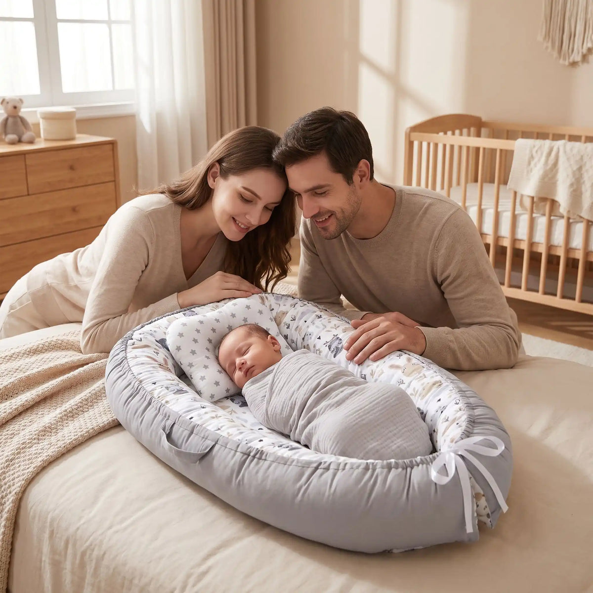 Reducteur de lit pour bebe, nouveau-né protégé entre ses parents endormis