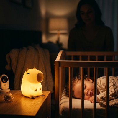 Veilleuse bébé capybara diffusant une lumière douce près d’un nourrisson endormi paisiblement