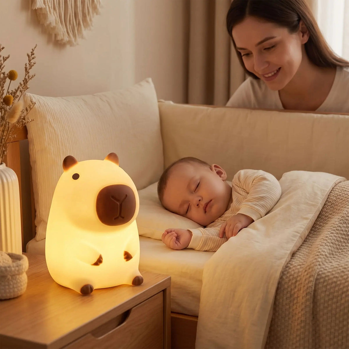 Veilleuse bébé capybara diffusant une lumière douce près d’un nourrisson endormi