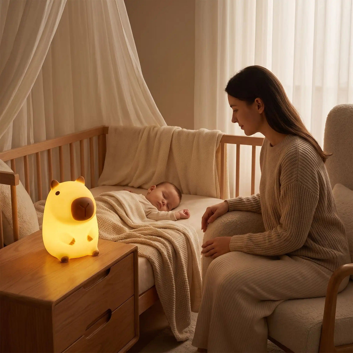 Veilleuse bébé capybara illuminant doucement un nourrisson endormi sous le regard maternel