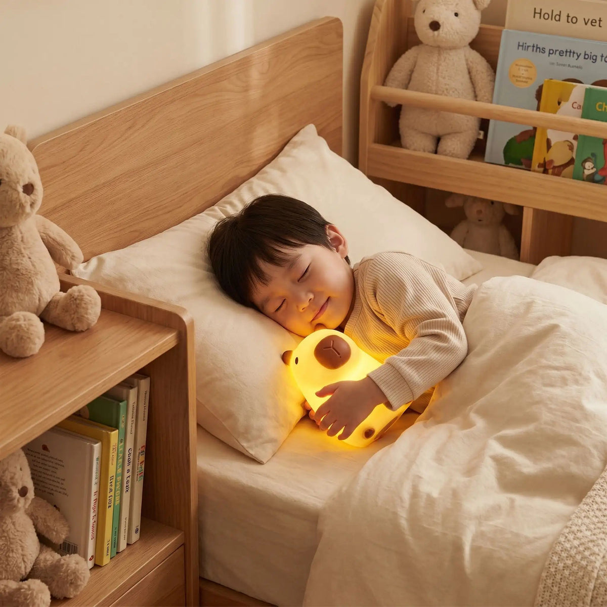 Veilleuse bébé capybara lumineuse câlinée par un enfant avant son sommeil