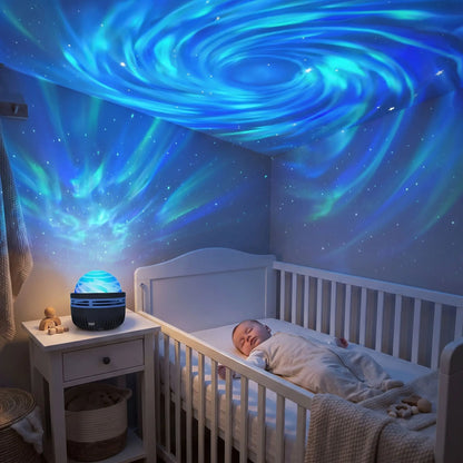 Veilleuse projection aurore boréale illuminant  la chambre pendant le sommeil du bébé
