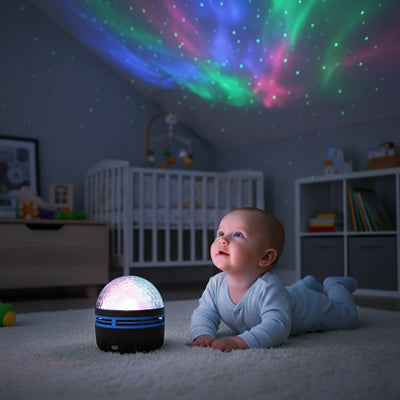 Veilleuse projection aurore boréale illuminant le plafond pendant que bébé rampe émerveillé

