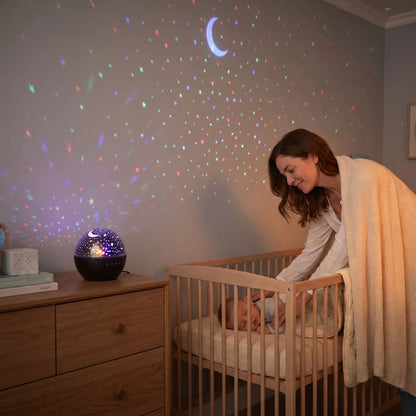 Veilleuse projection douce sur le mur, maman couvrant tendrement son bébé endormi