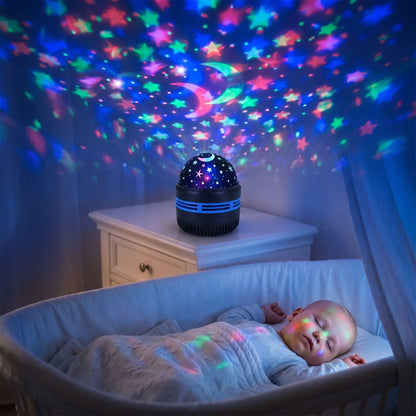 Veilleuse projection nuit étoilée éclairant la chambre pendant le sommeil du bébé
