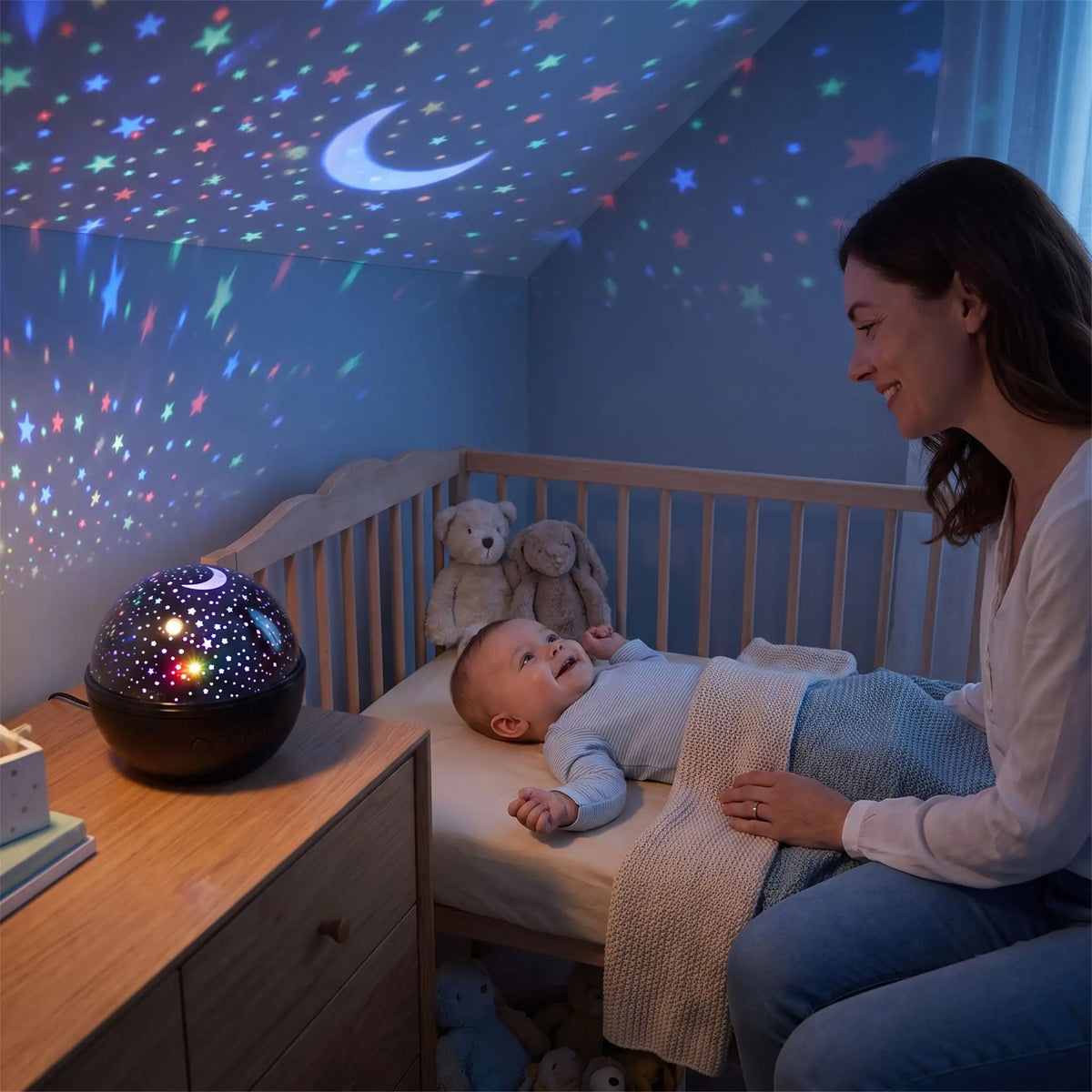 Veilleuse projection étoilée, maman souriante observant son bébé éveillé dans son berceau