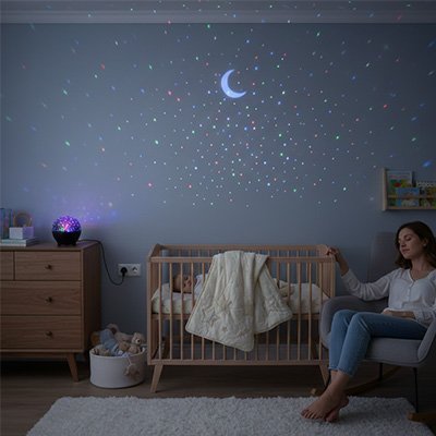 Veilleuse projection illuminant doucement le plafond maman veillant près du berceau
