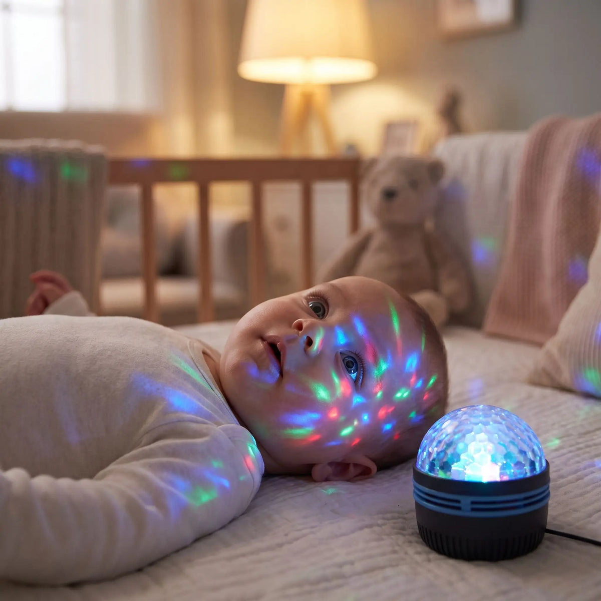 Veilleuse projection illuminant le visage émerveillé d'un bébé allongé sur son lit
