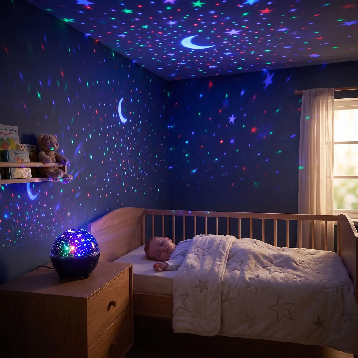 Veilleuse projection illuminant une chambre calme avec bébé endormi près de son ours en peluche