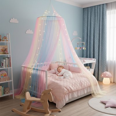 Ciel de lit arc-en-ciel sur petit lit rose avec nourrisson endormi