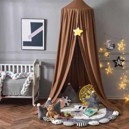 Ciel de lit bébé marron et tapis de jeu avec coussins étoiles