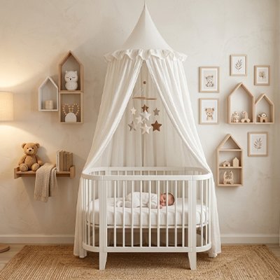 Ciel de lit blanc sur berceau ovale avec bébé endormi sous mobile étoilé