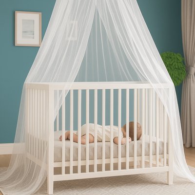 Ciel de lit blanc translucide au-dessus d'un berceau avec bébé endormi