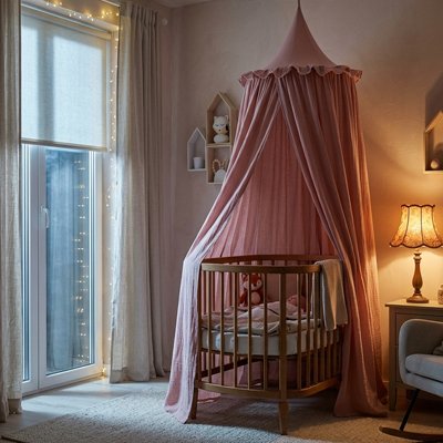 Ciel de lit rose poudré sur berceau rond en bois avec  éclairage tamisé