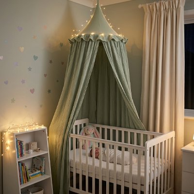 Ciel de lit vert sauge illuminé de guirlandes dans une chambre de bébé