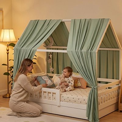 Ciel de lit vert sauge sur lit cabane avec maman et bébé assis