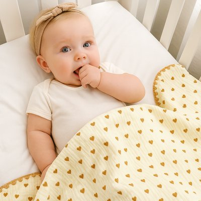 Couverture bébé à cœurs, tout-petit éveillé au bandeau noué dans son lit