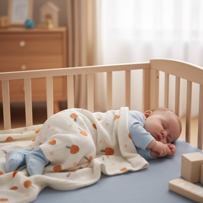 Couverture bébé  à motif champignon sur un nouveau-né endormi paisiblement