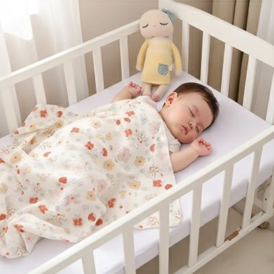 Couverture bébé  à motif fraise recouvrant un nouveau né endormi dans son berceau