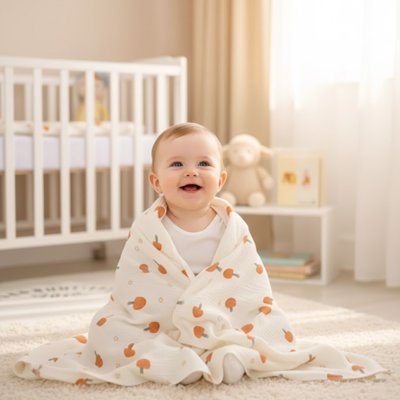 Couverture bébé champignon enveloppant un nourrisson souriant assis dans sa chambre