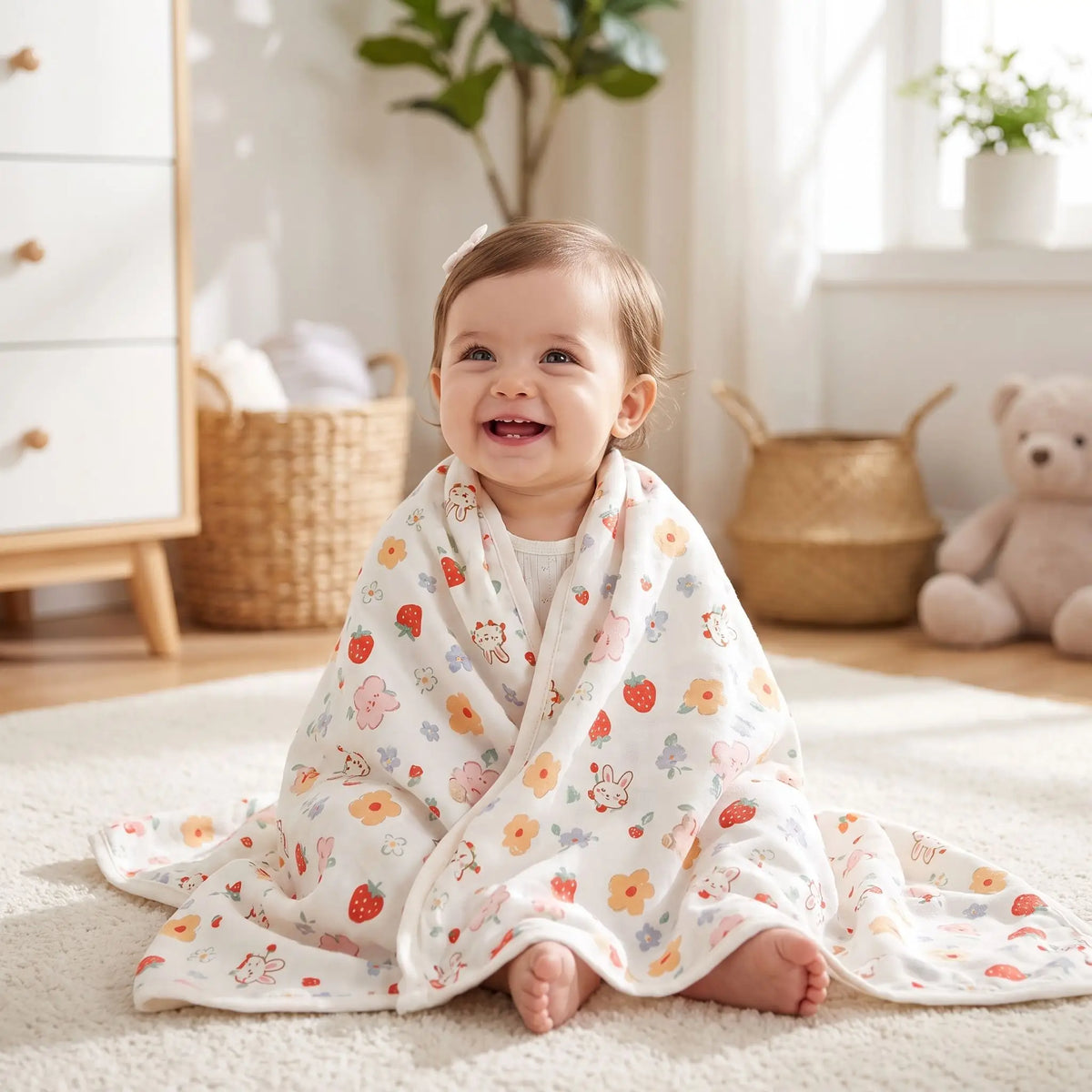 Couverture bébé motif fraise enveloppant une petite fille souriante assise