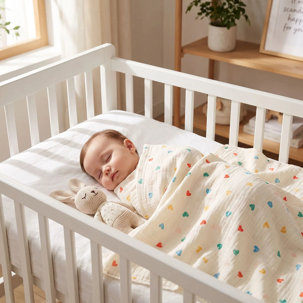 Couverture bébé motif cœurs recouvrant un nourrisson endormi avec son doudou