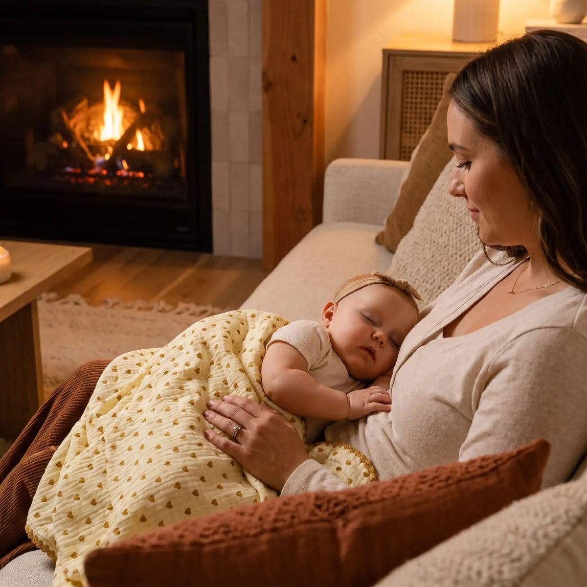 Couverture bébé jaune à cœurs avec bébé endormi contre sa maman près d'une cheminée