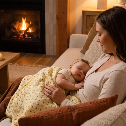 Couverture bébé jaune à cœurs avec bébé endormi contre sa maman près d'une cheminée